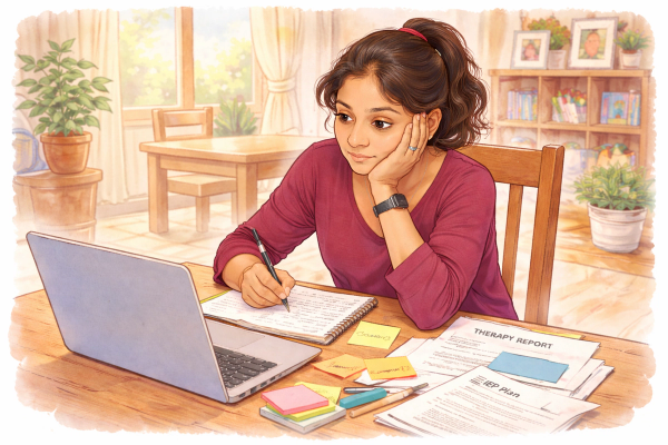 Mother looking stressed while supporting her child’s education, representing challenges of school advocacy for neurodivergent children