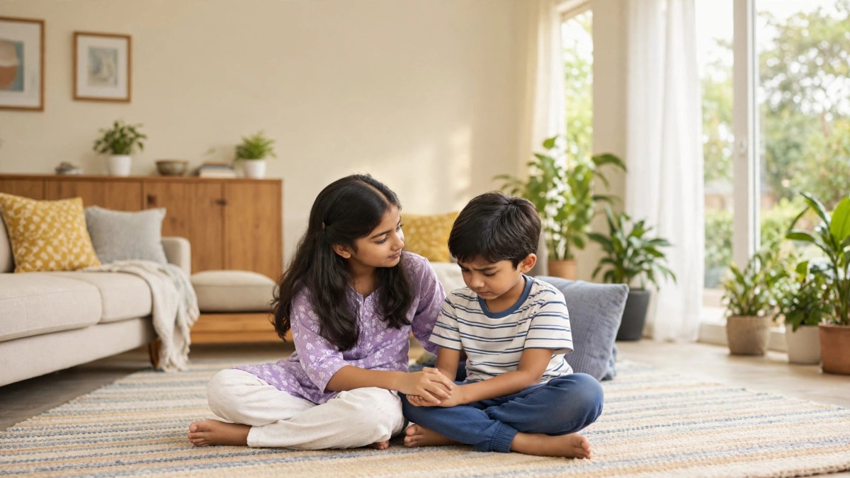 Indian siblings sitting together and supporting each other at home