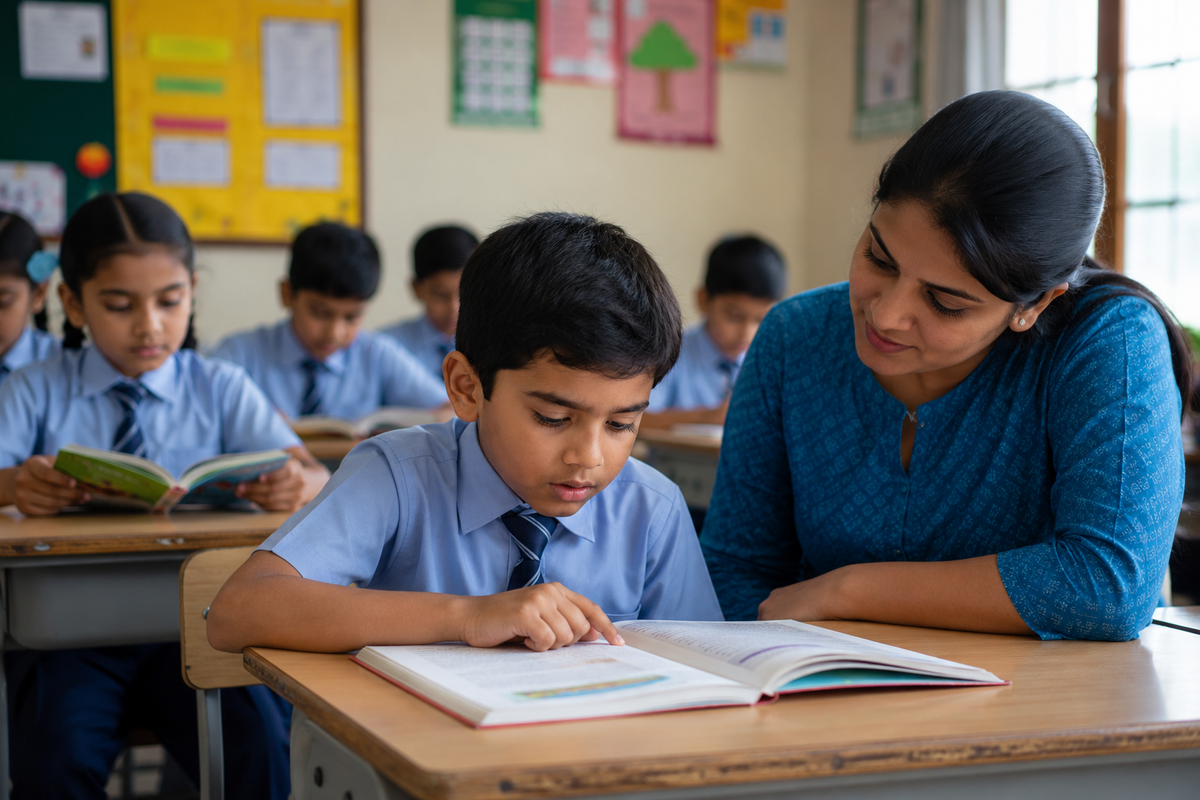 Indian student carefully sounding out words from a book while receiving teacher support in a classroom setting.
