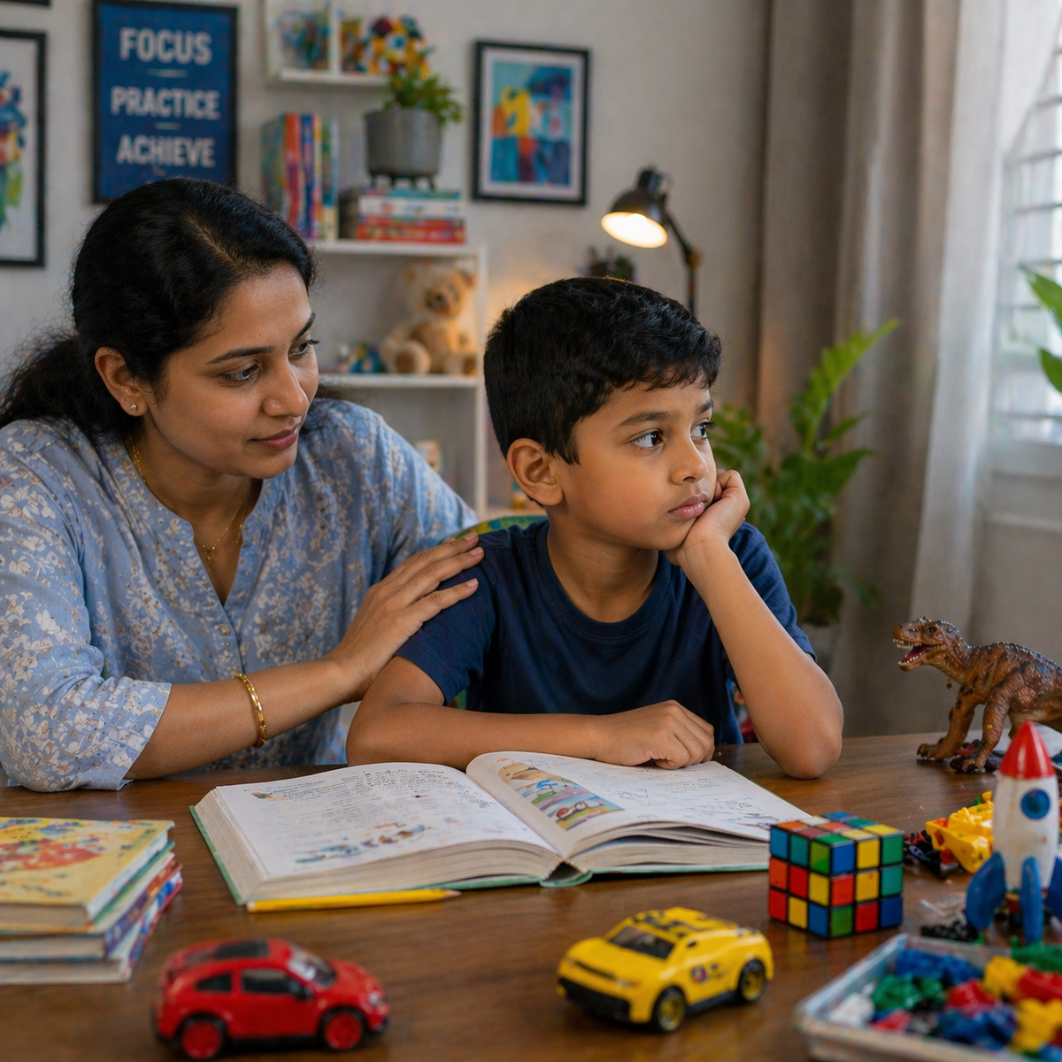 Indian mother supporting her son who appears distracted while sitting with an open book at a study table.