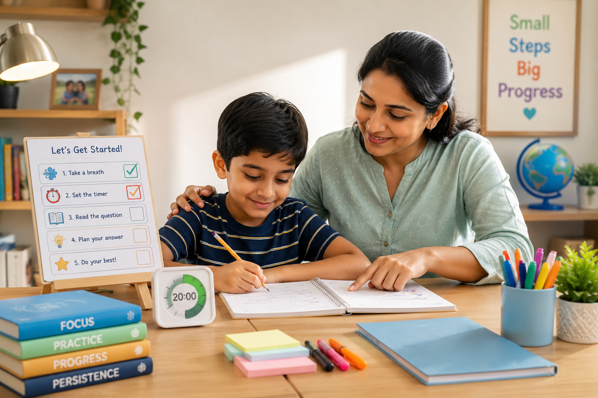 Parent helping a child with executive function challenges using a checklist and timer