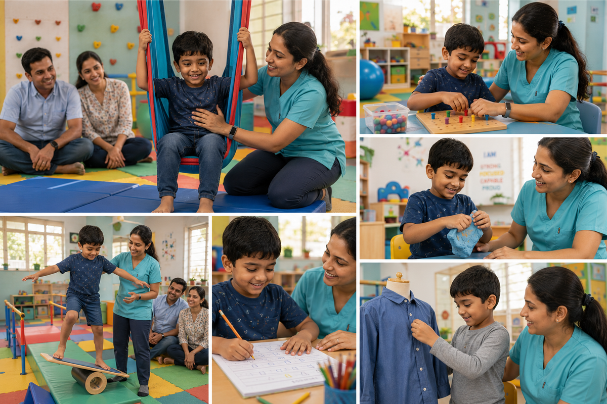 Occupational therapist helping a child improve coordination and motor skills
