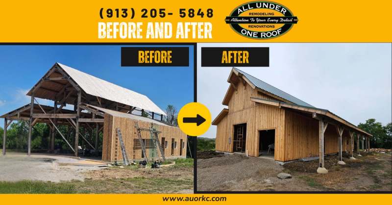 Before and after of the gable: open framing against the sky, then the finished barn doors and cladding