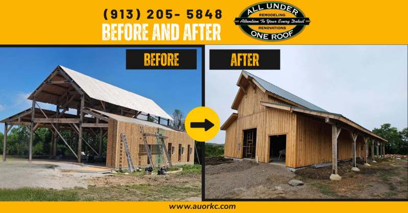 Before and after of the gable: open framing against the sky, then the finished barn doors and cladding