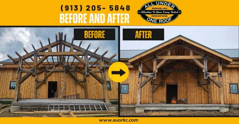 Before and after of the entry: the heavy timber truss exposed, then the completed front elevation