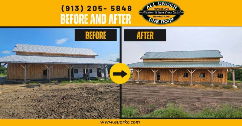 Before and after of the whole building, from sheathed shell to finished barndominium
