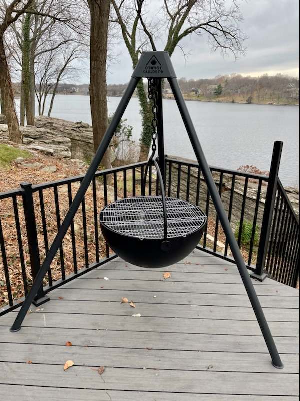 The lake landing with black aluminum rails, looking out over the water