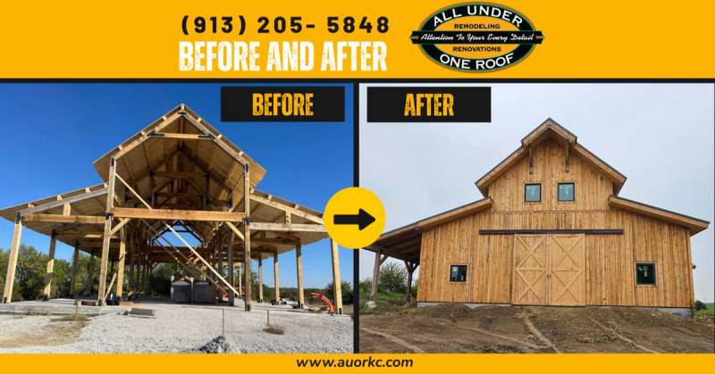 Before and after of the Paola barndominium: the open timber frame, then the finished gable end clad and roofed