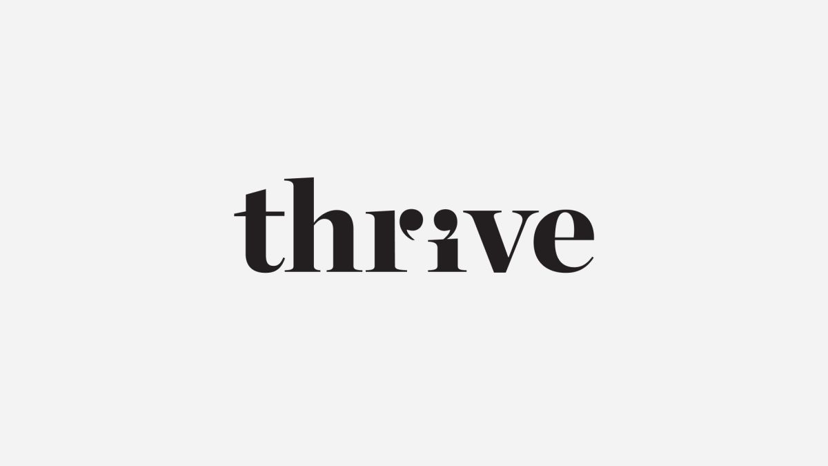 Black serif wordmark logo reading "thrive" centered on a light gray background