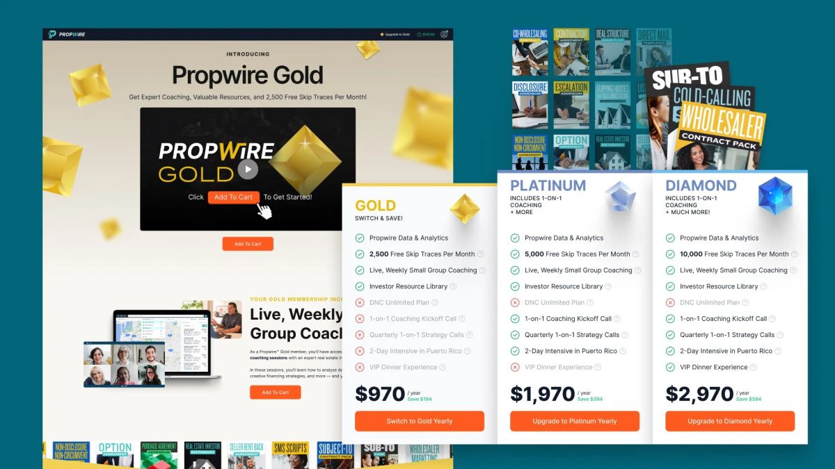 Propwire Gold landing page beside Gold, Platinum and Diamond membership pricing cards