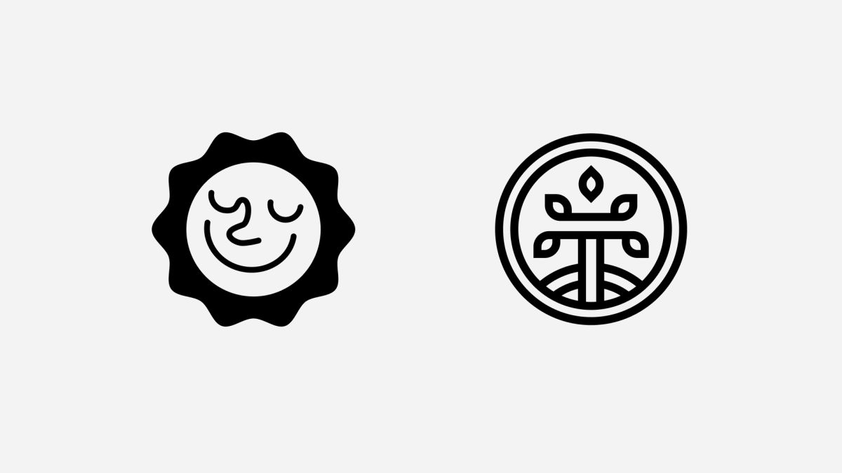 Two black logo marks on light gray: a smiling sleepy sun badge and a circular emblem with a sprouting plant