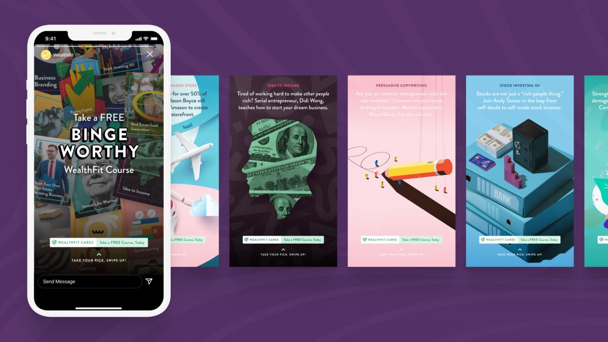 Phone mockup of a WealthFit Instagram story ad for a free course, beside a row of illustrated story frames