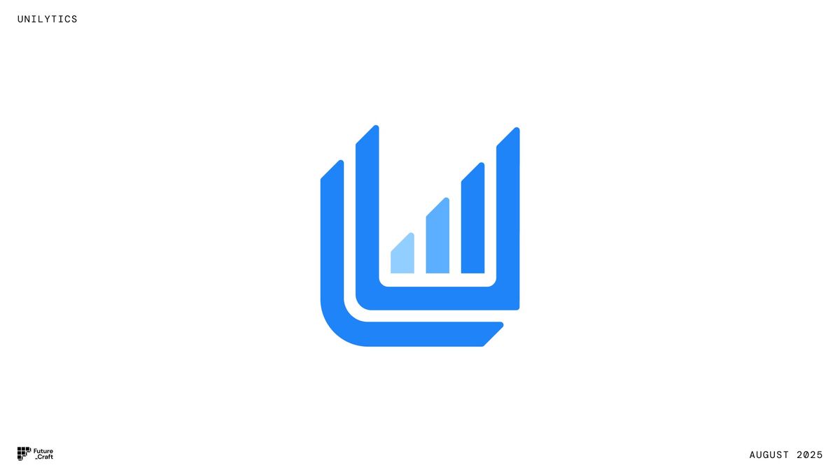 Concept C mark in blue: a U holding three bars that climb from left to right.