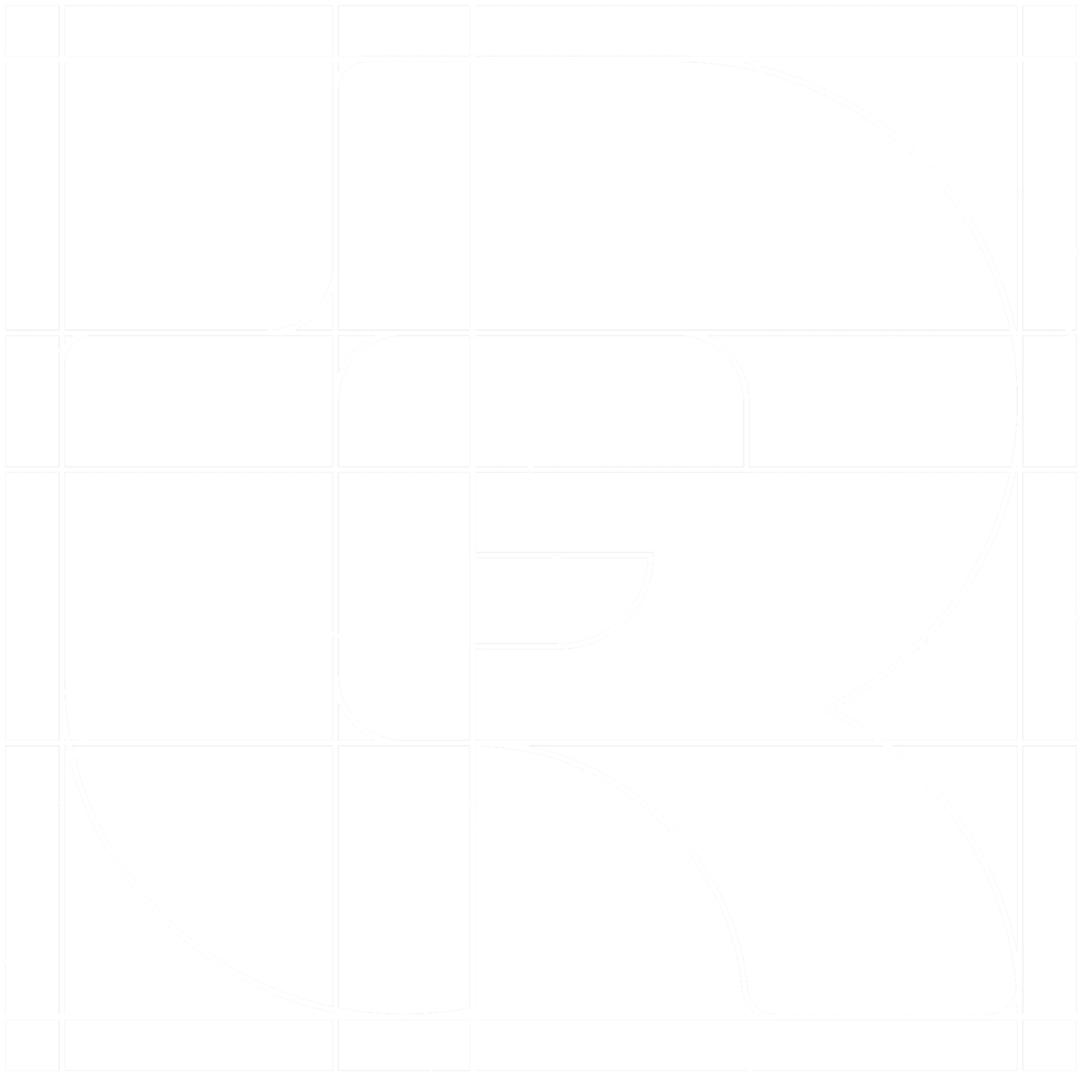 White line diagram showing the Real Freedom R monogram construction grid