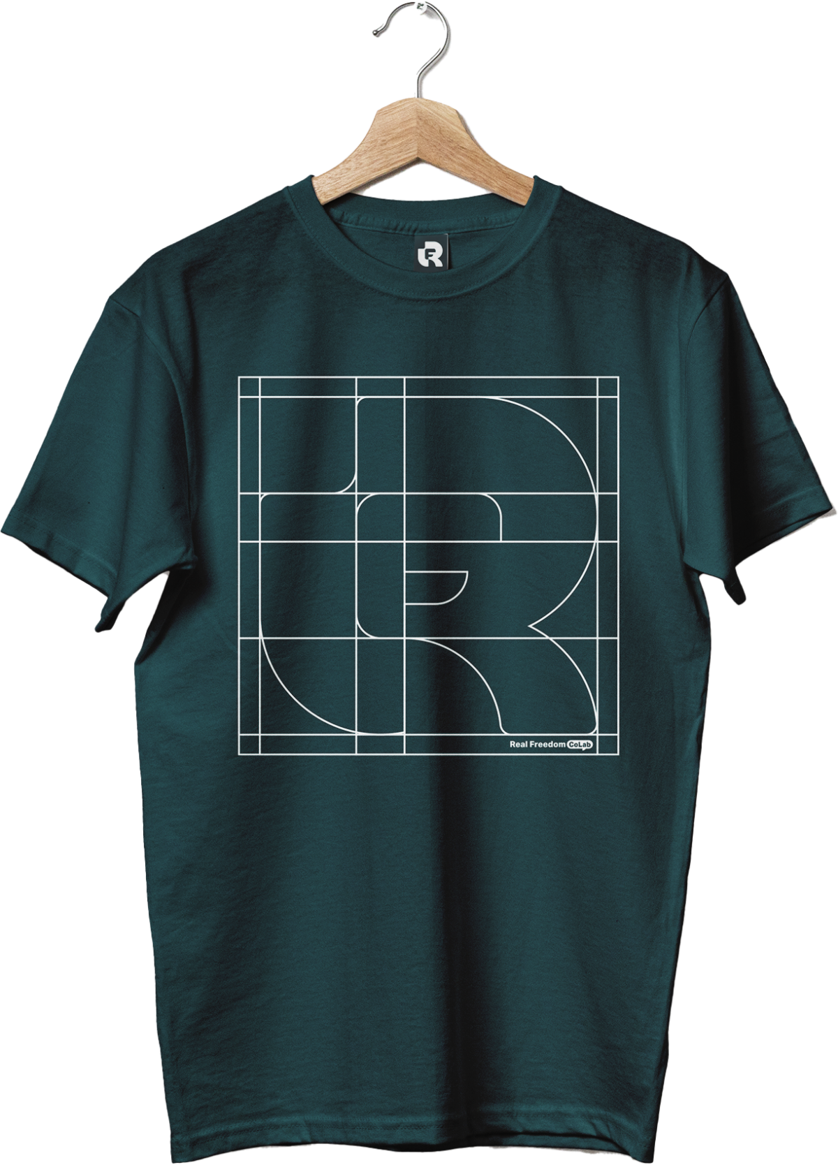 Dark teal Real Freedom t-shirt with white R monogram grid line art