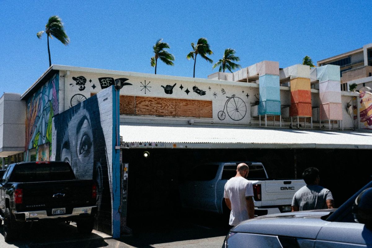 A mural-covered building under blue sky and palm trees, with pickup trucks parked out front