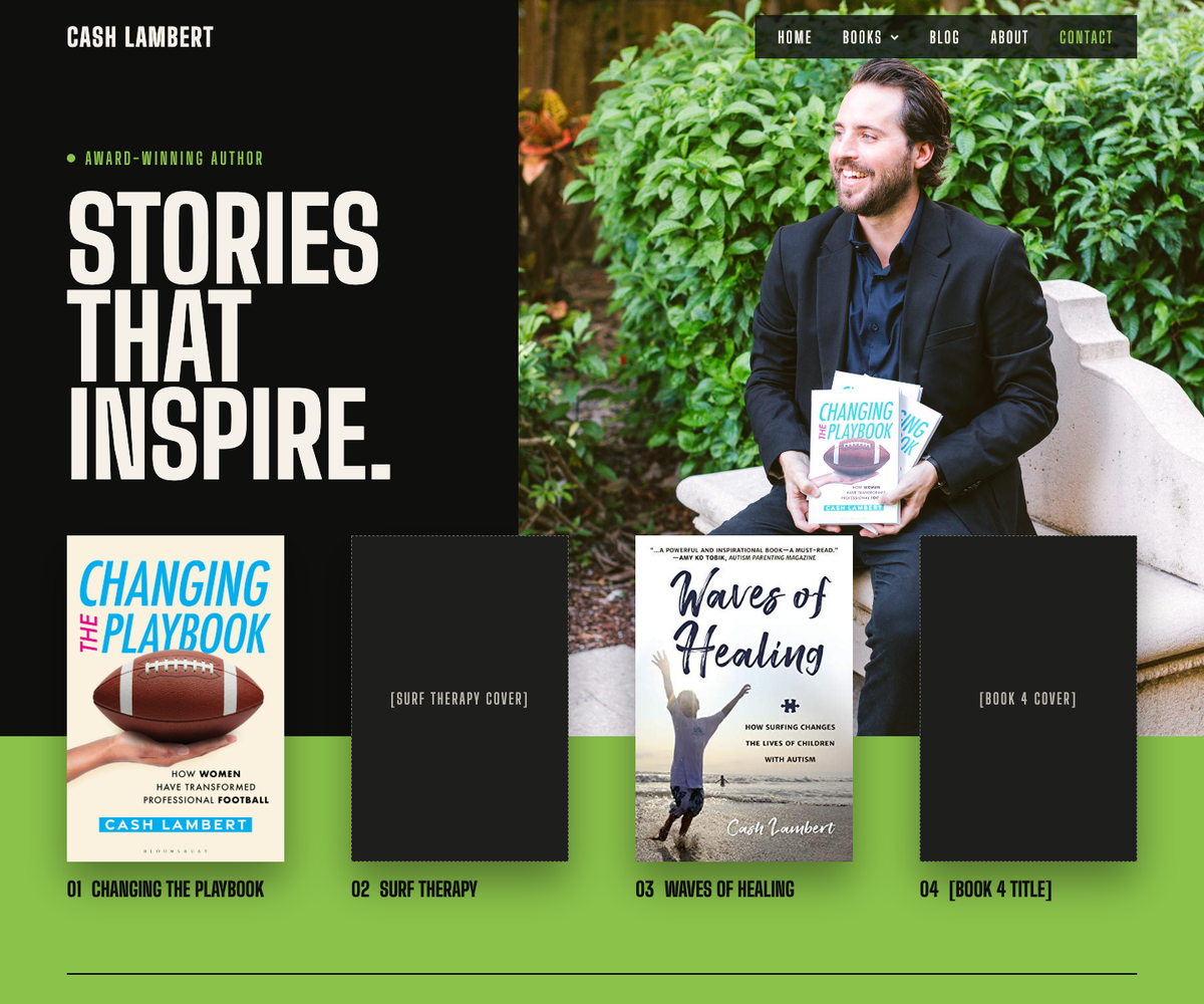 Direction C, The Shelf: a dark hero with Cash seated holding his books, and the four book covers sitting on a green band.