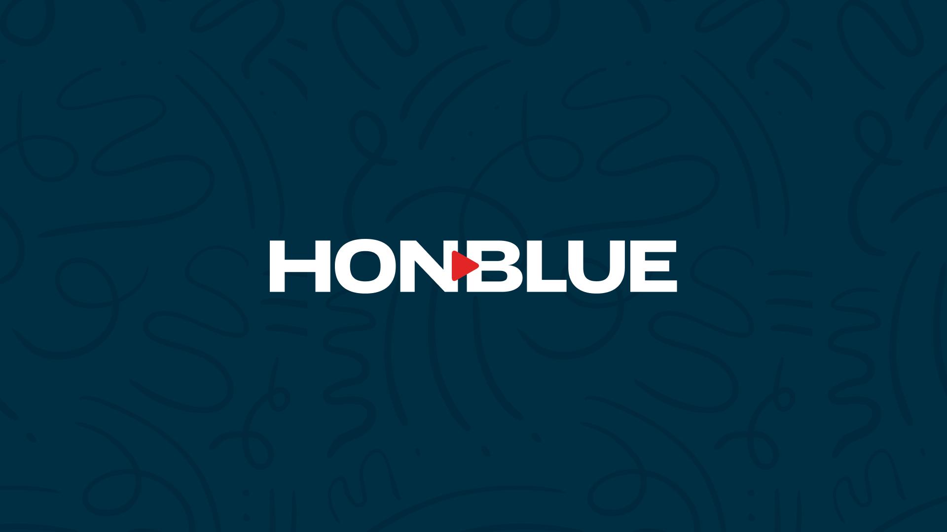 HONBLUE logo in white with a red play-arrow in the O, on a dark navy background with faint doodle lines