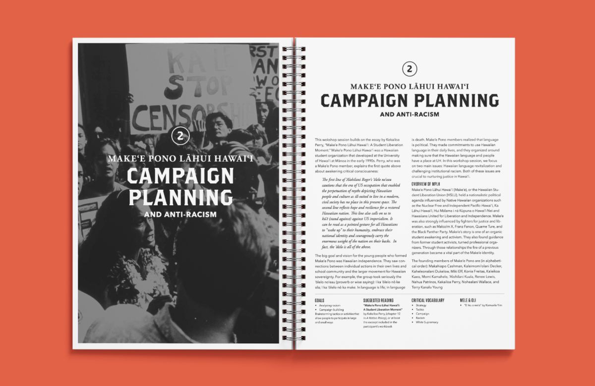 Open spiral manual spread titled "Campaign Planning and Anti-Racism" with a black-and-white protest photo