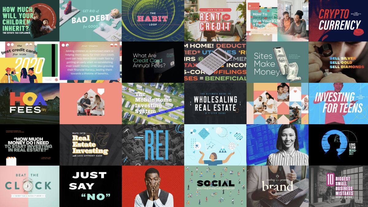 Grid of WealthFit blog header graphics with bold type on topics like bad debt, HOA fees and crypto