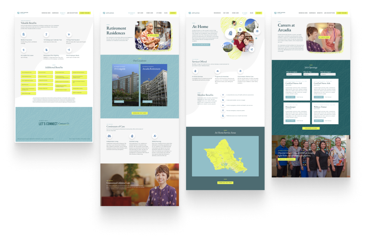 Four Arcadia web page designs: benefits, Retirement Residences, At Home service area map and Careers at Arcadia