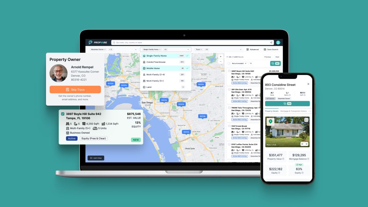 Propwire property search app on a laptop and phone, with a map, listing cards and property owner details