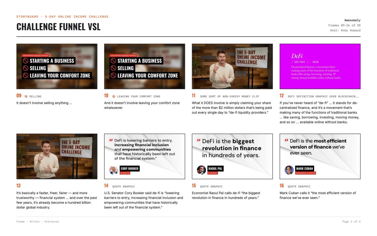 Storyboard page 2 for the Challenge Funnel VSL: onscreen text, a DeFi definition card and four quote graphics, with action notes and voiceover under each frame