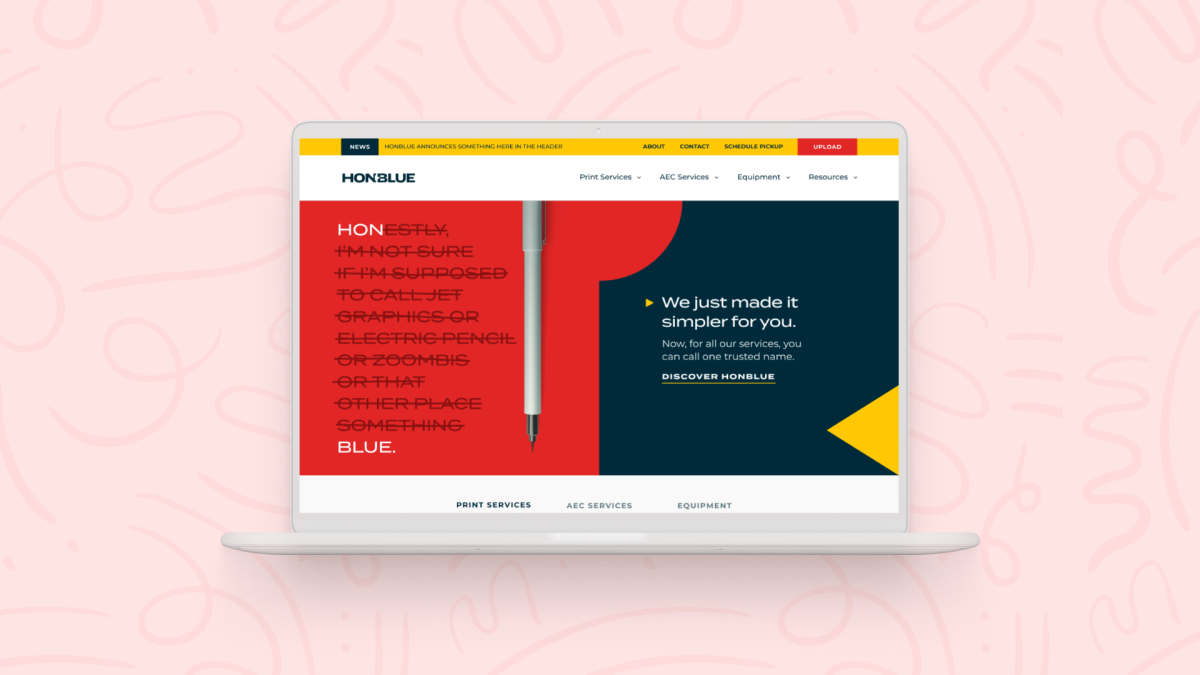 HONBLUE website homepage on a laptop, with crossed-out "Honestly" copy and "We just made it simpler for you"