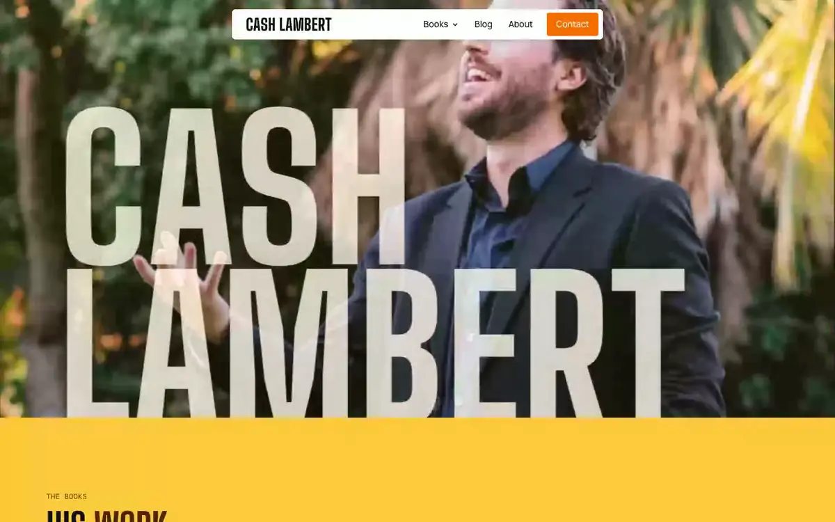 Screen recording of the cashlambert.com homepage: Cash's portrait fills the screen under his name, shrinks into a framed card over a football field as the headline appears, then tilts as the cursor circles it.