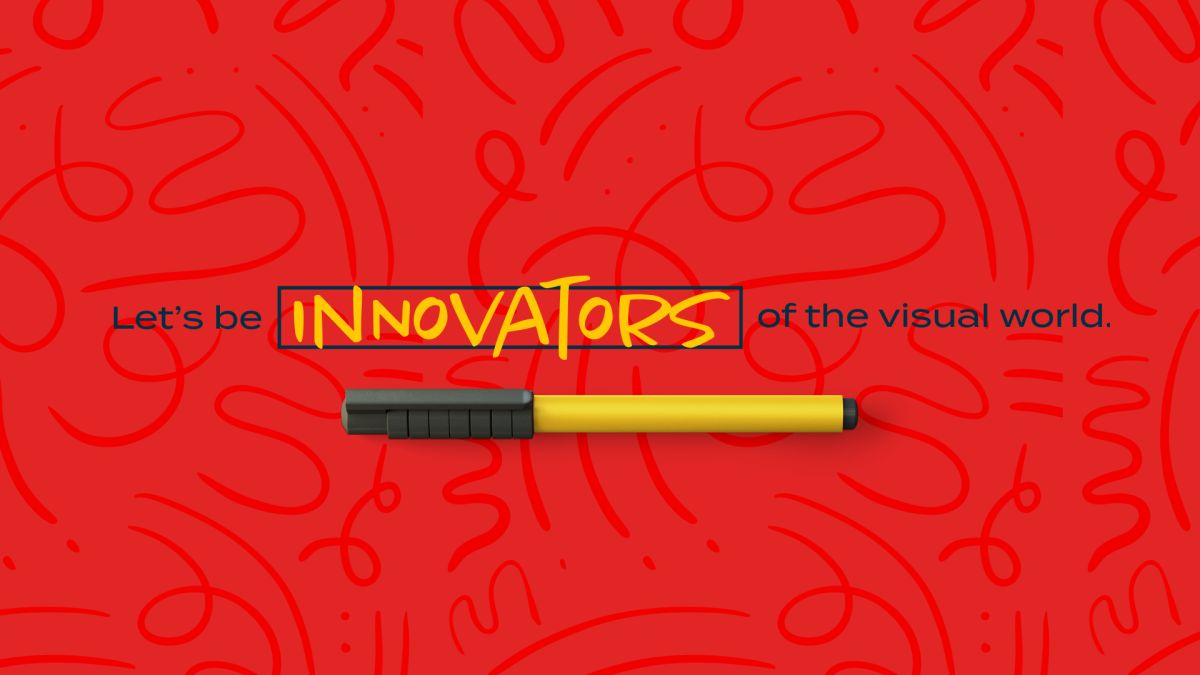 HONBLUE campaign graphic reading "Let's be innovators of the visual world" with a yellow marker on a red doodle pattern
