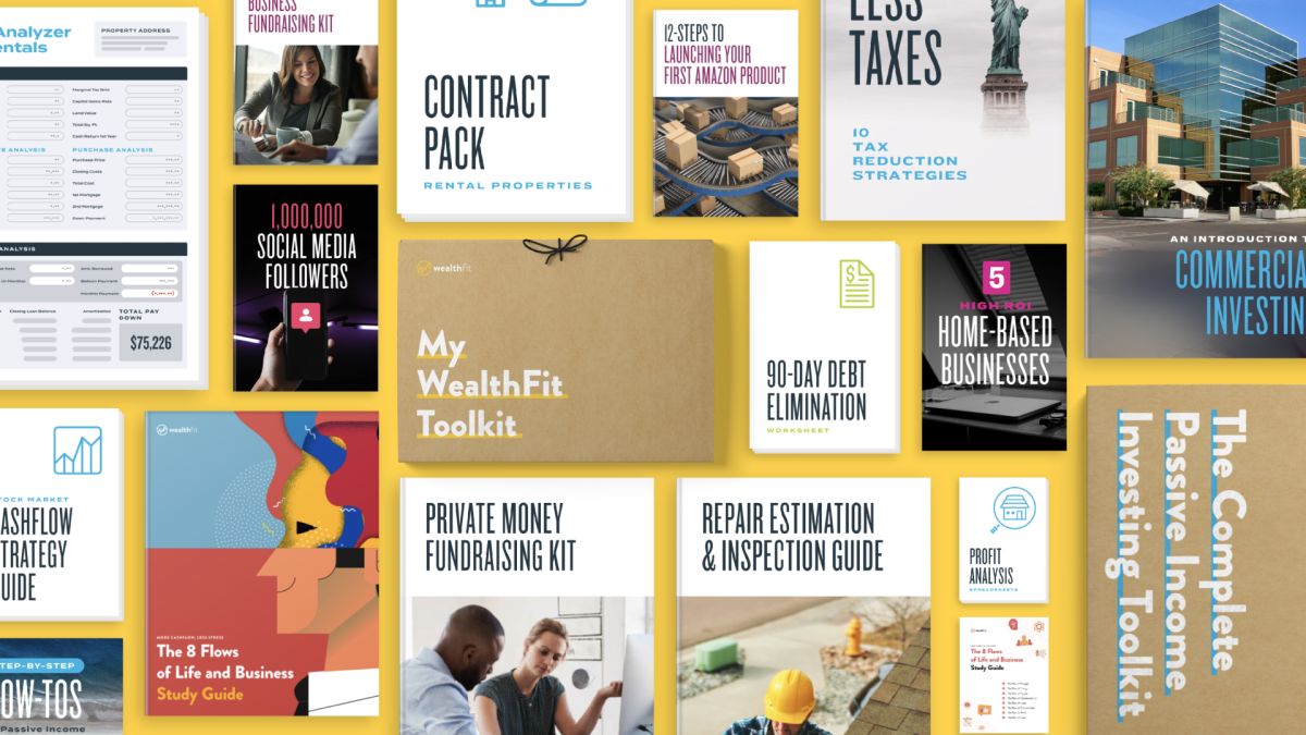 Collage of WealthFit downloadable guides and toolkits, including a Contract Pack and 90-Day Debt Elimination