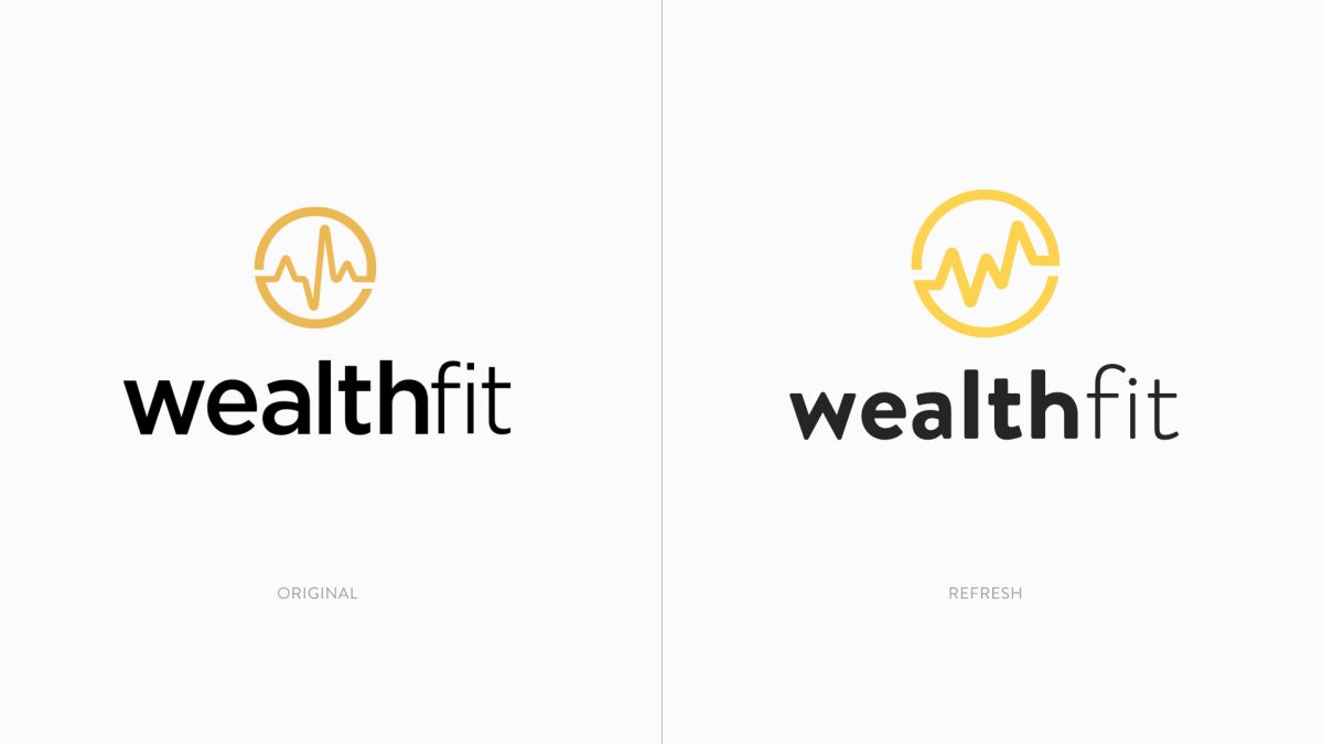 WealthFit logo before and after: original gold pulse icon and wordmark beside the refreshed version
