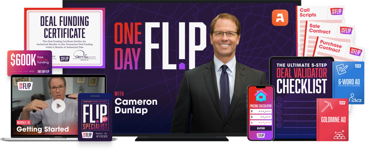 One Day Flip product suite: course video, deal funding certificate and deal validator checklist
