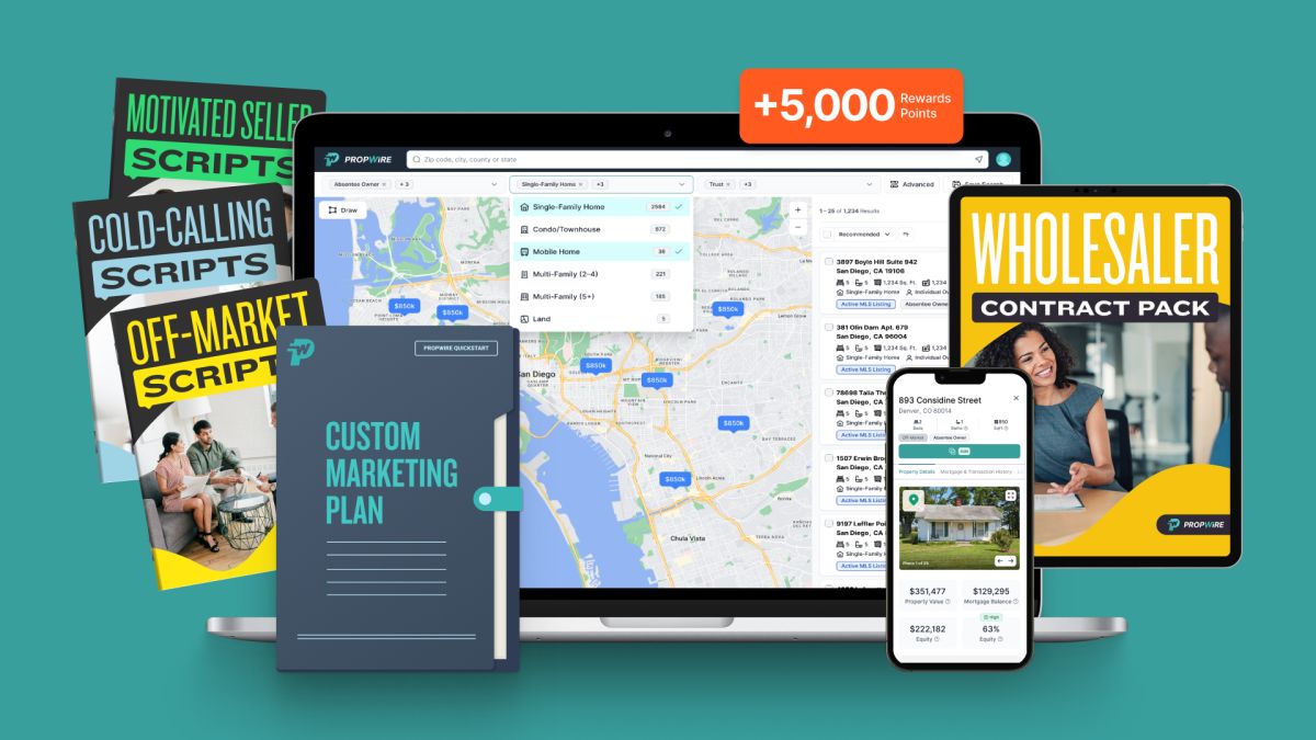 Propwire promo bundle: app on laptop and phone with Custom Marketing Plan, scripts and contract pack covers