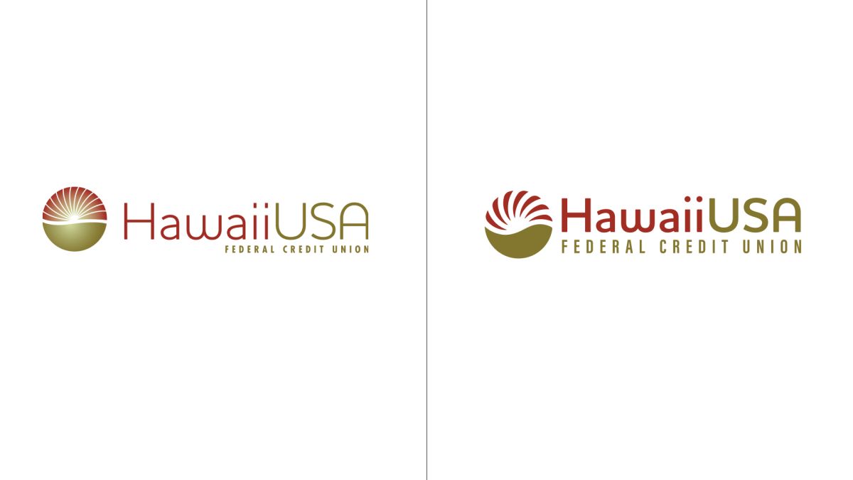HawaiiUSA Federal Credit Union logo comparison: original sunburst logo beside the refreshed version