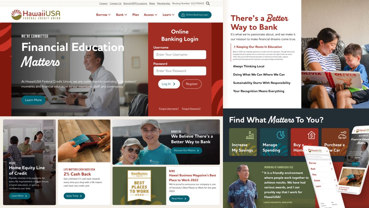 HawaiiUSA FCU website pages and mobile view, headlined "Financial Education Matters" with an online banking login