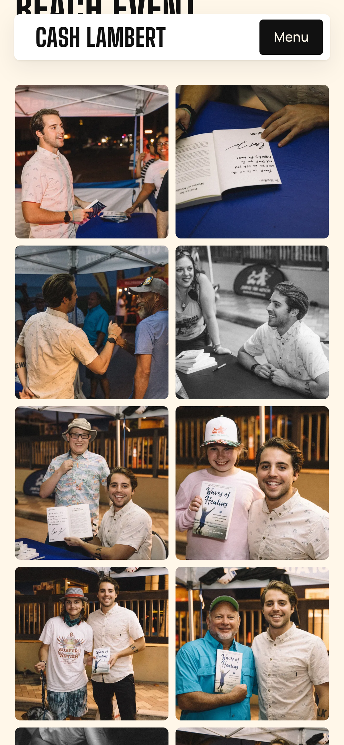 A blog post about a book signing on a phone, showing a two-column photo gallery.