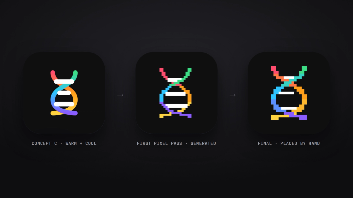 The logo’s evolution: the smooth concept, a generated pixel version and the final hand-placed pixel mark