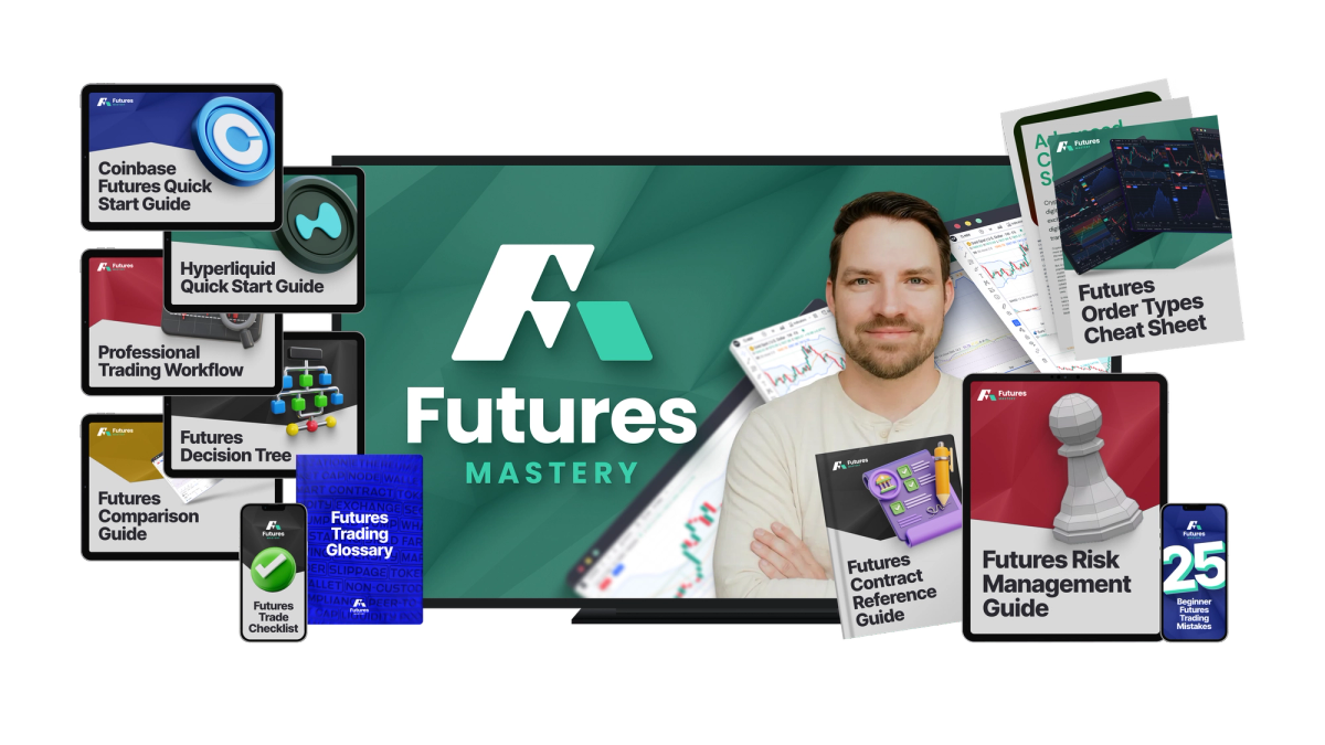 Futures Mastery product suite: course video with quick start guides, cheat sheets and a risk management guide