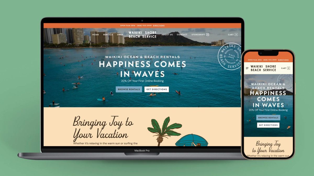 Waikiki Shore Beach Service website shown on a laptop and a phone