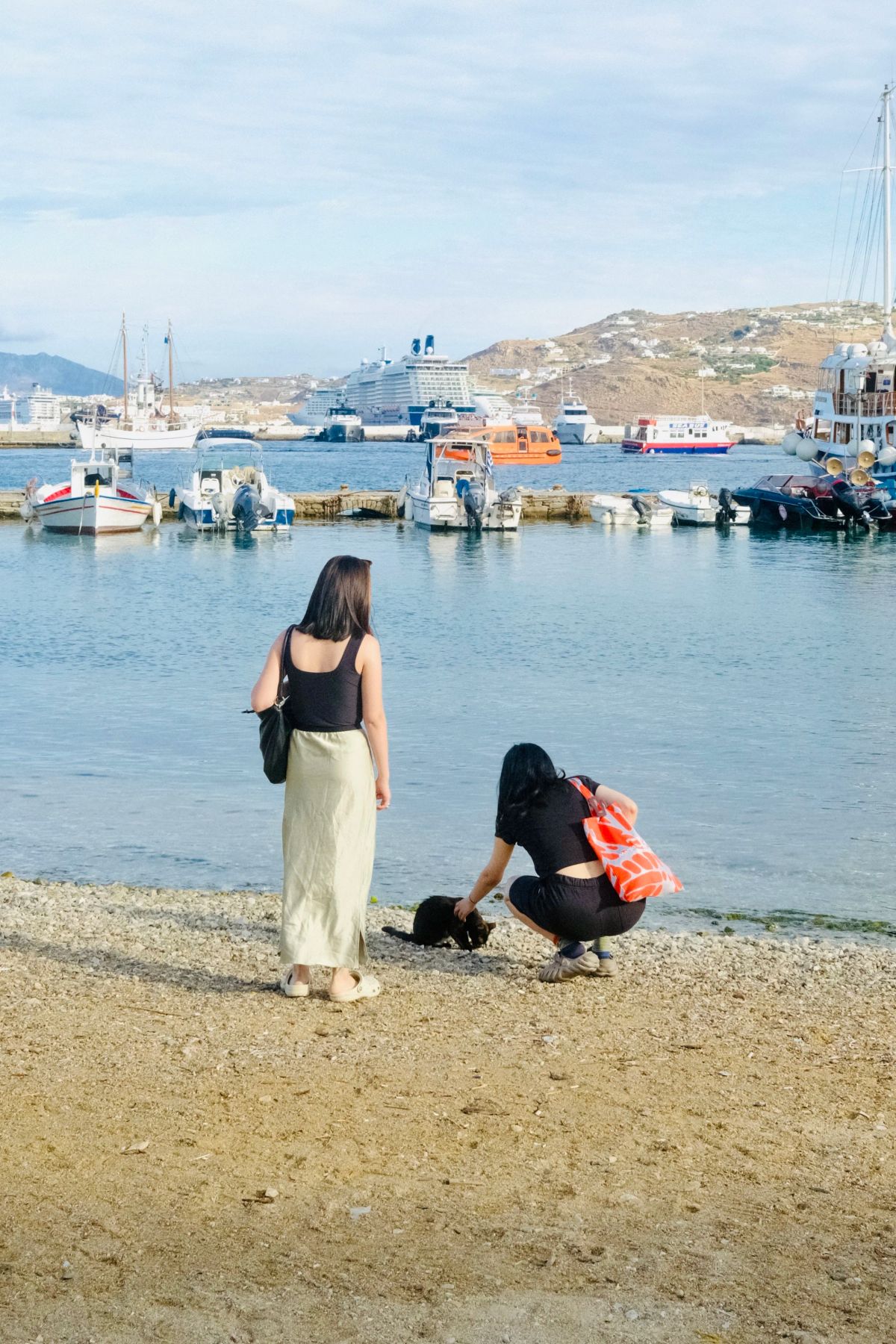 Two women on a pebble beach pet a black cat, with boats and a cruise ship in the harbor behind