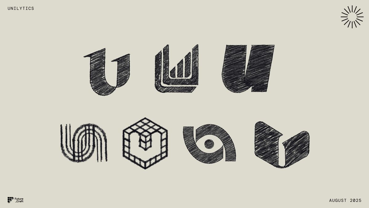Pencil sketches of seven logo ideas for Unilytics: a split U, a U with bars inside, a heavy italic U, a line-drawn U, an isometric cube, an eye shape and a folded U.
