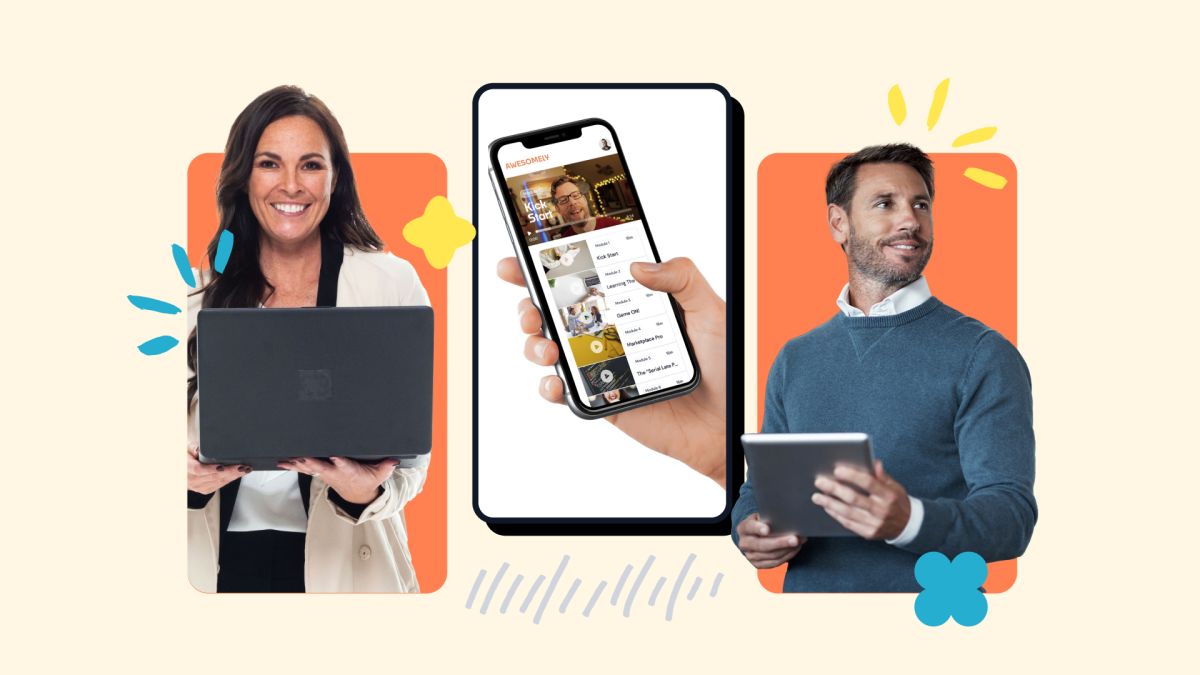 Awesomely promo graphic: a woman with a laptop, a hand holding a phone with the app, and a man with a tablet