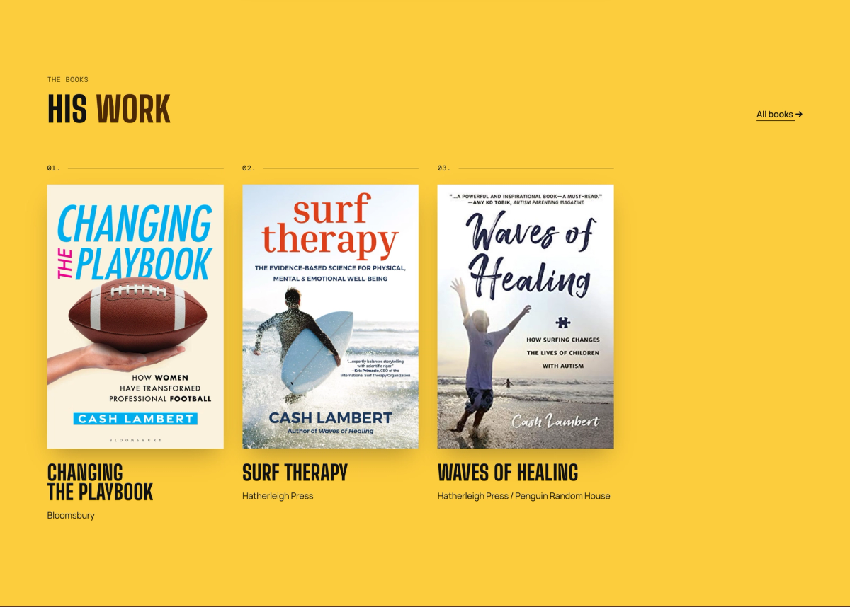 The His Work section on a yellow band: numbered covers of Changing the Playbook, Surf Therapy and Waves of Healing with their publishers.