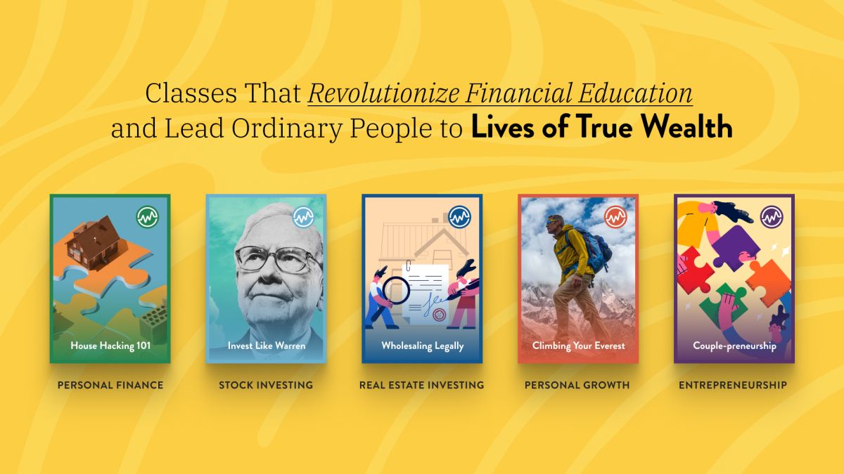 Five WealthFit class covers on yellow, including House Hacking 101 and Invest Like Warren, under a headline