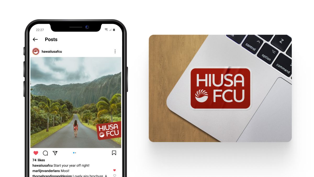 HawaiiUSA Instagram post on a phone beside a red HIUSA FCU sticker on a laptop