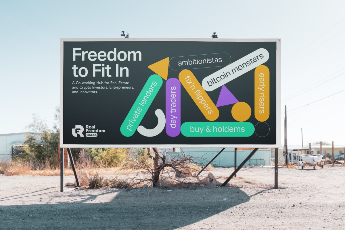 Real Freedom CoLab Freedom to Fit In billboard with colorful investor-type badges