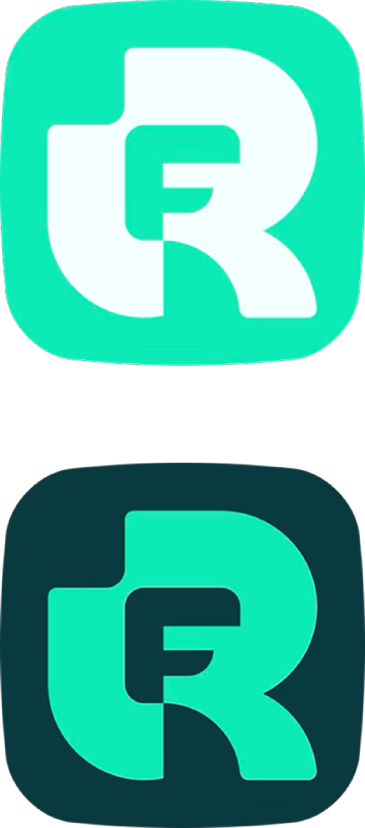 Two Real Freedom app icons with RF monogram in mint and dark teal