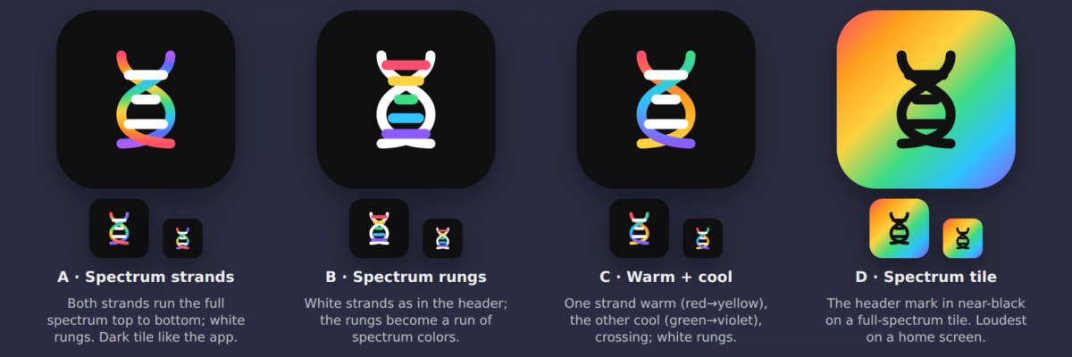 Four app icon concepts: spectrum strands, spectrum rungs, warm and cool, and a spectrum tile