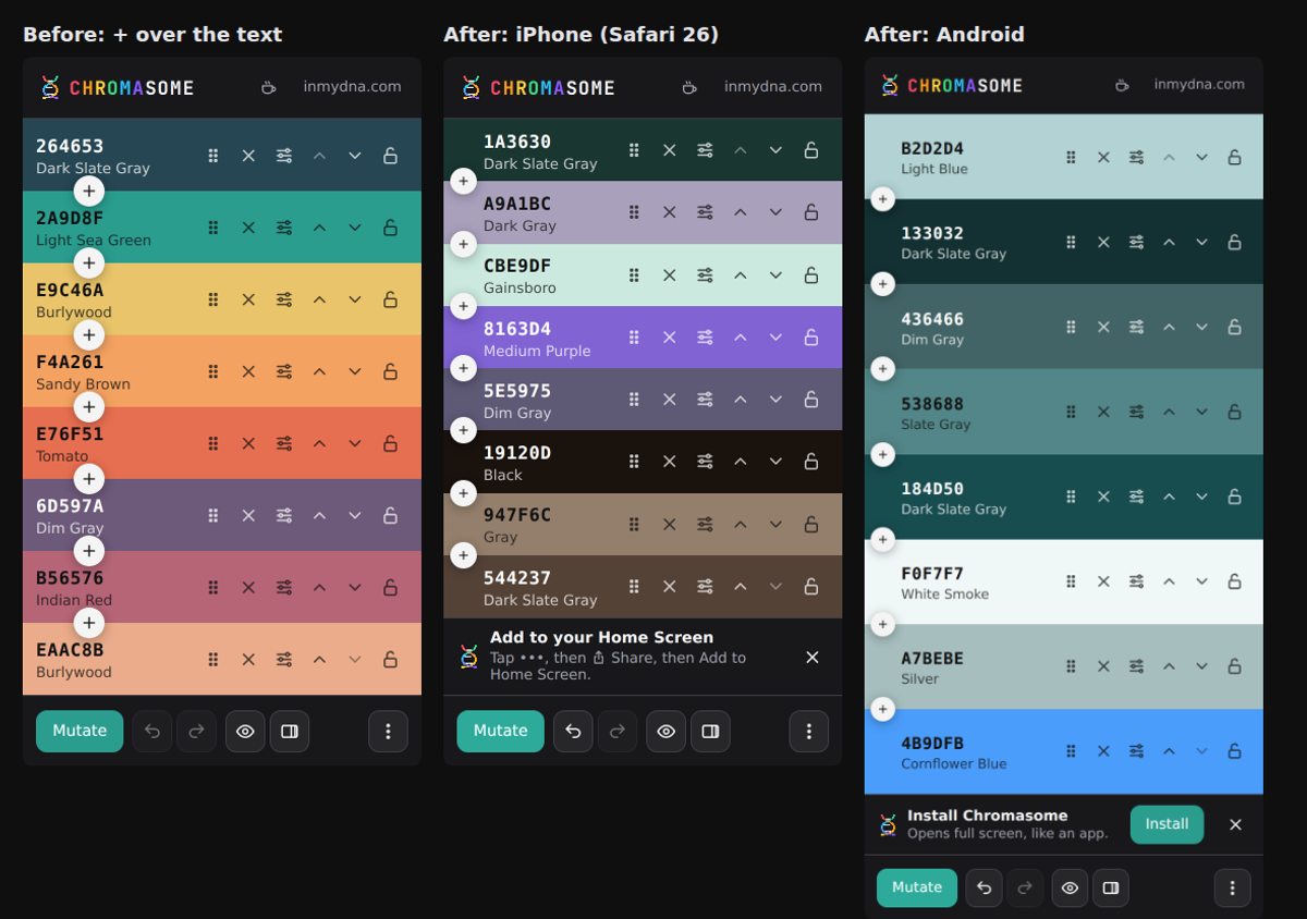 Before and after: the plus buttons moved off the color names into their own rail